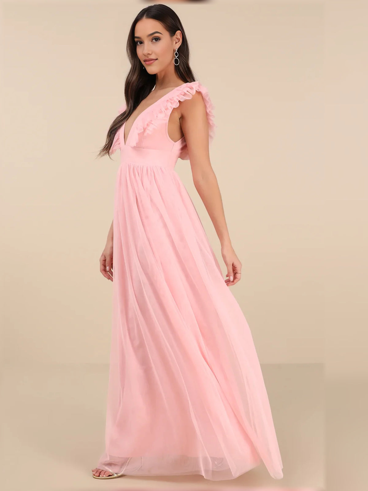 Pink maxi bridesmaid dress, alternate view showing the dress shape and hem