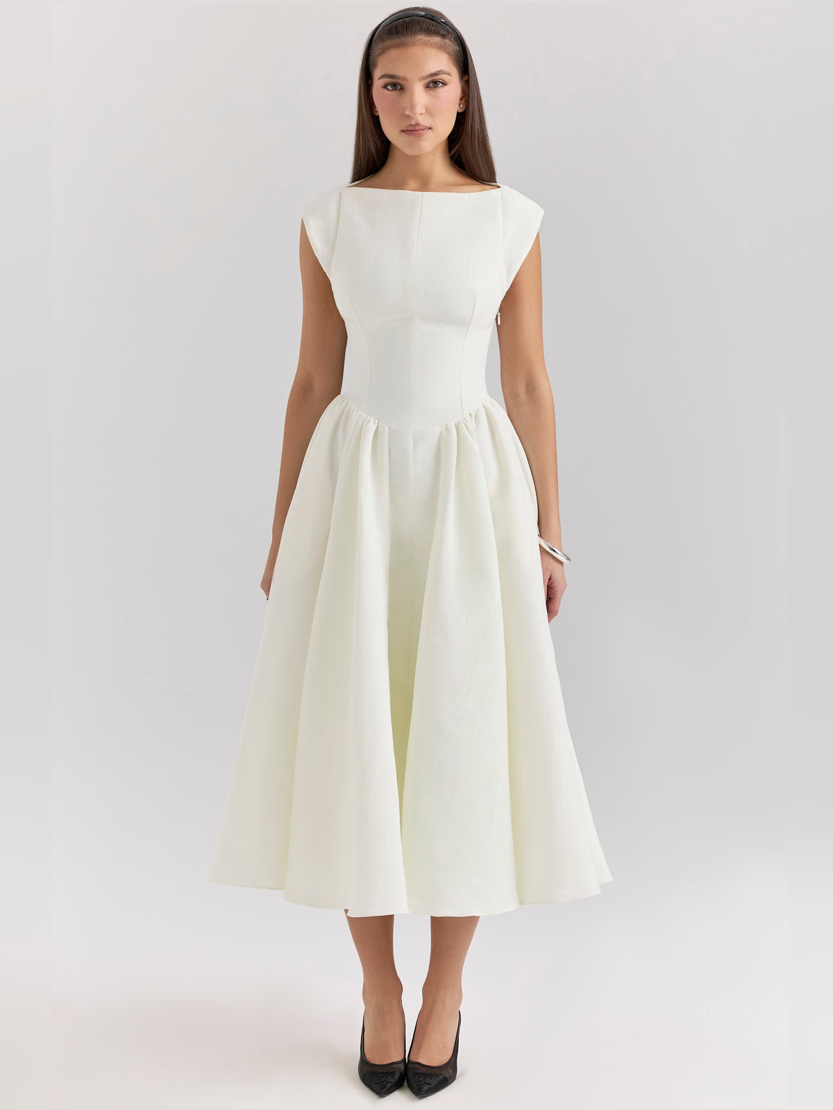 Ivory midi formal dress, alternate view showing the bodice