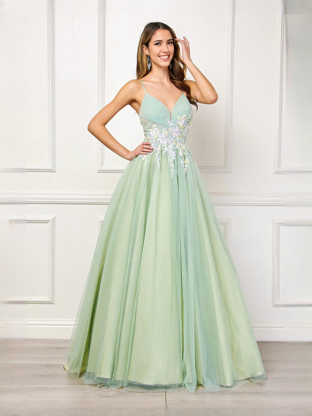 Celadon floor-length prom dress, alternate view showing the dress shape and hem