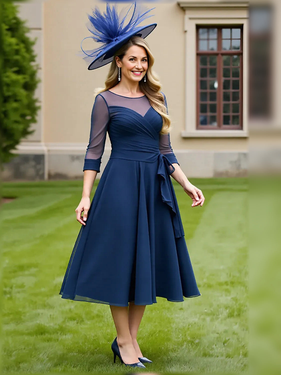 Navy Blue midi mother of the bride dress, alternate view showing the dress shape and hem