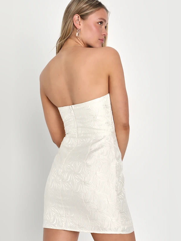 Ivory mini homecoming dress, alternate view showing the dress shape and hem