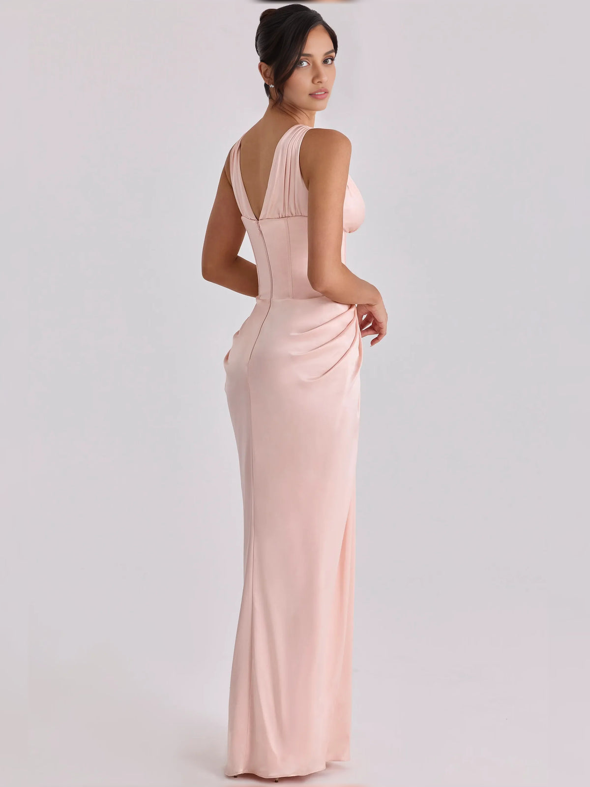 Blush Pink sheath floor-length formal dress with corset-style bodice, alternate view
