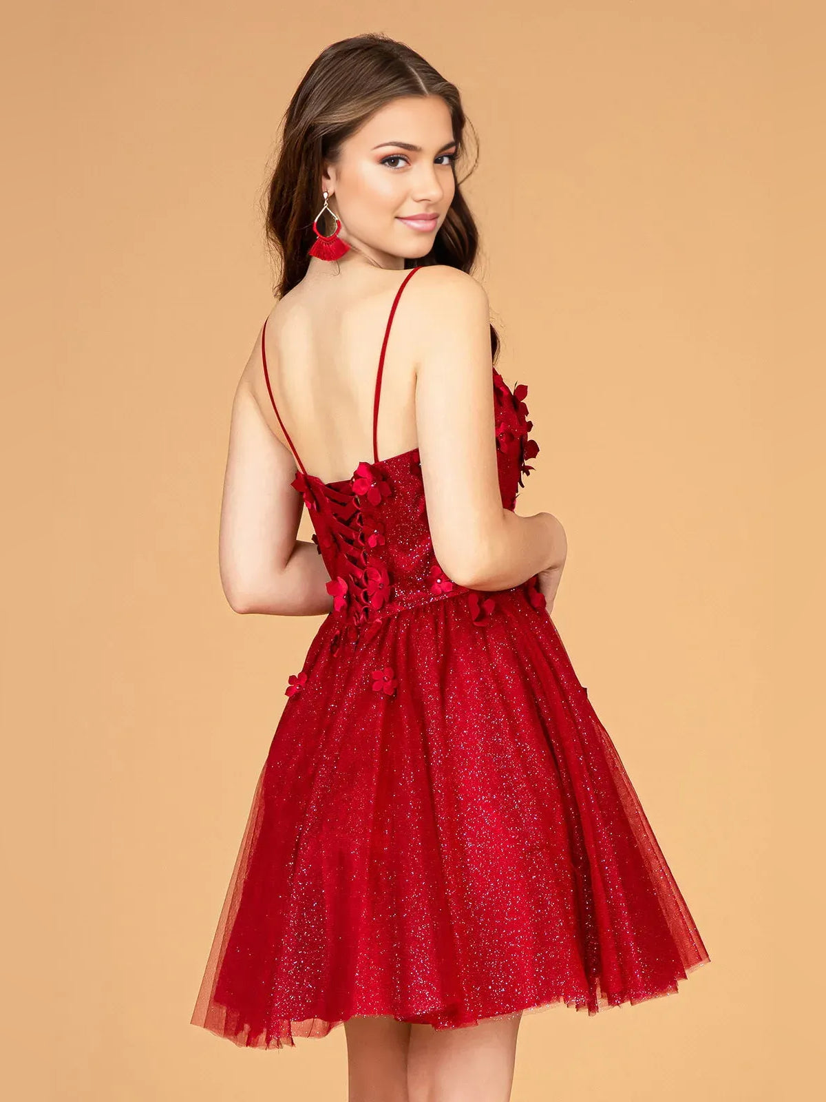 Red mini homecoming dress, alternate view showing the dress shape and hem