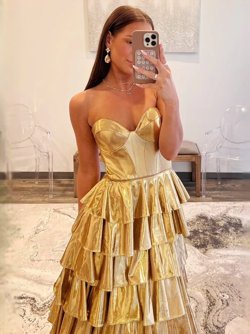 Gold maxi prom dress, alternate view showing the dress shape and hem