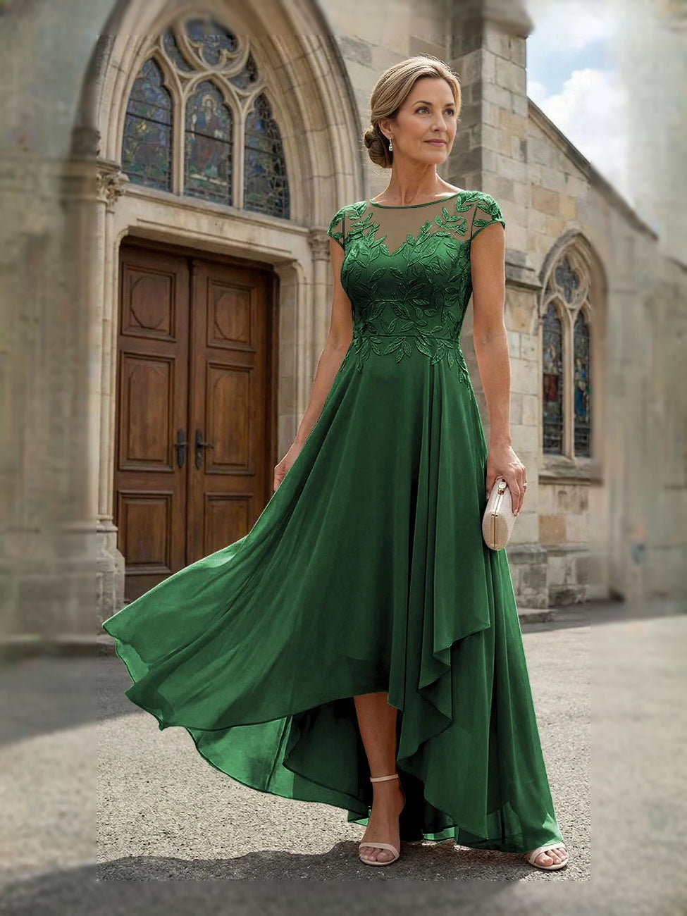 Clover high-low mother of the bride dress, alternate view showing the dress shape and hem