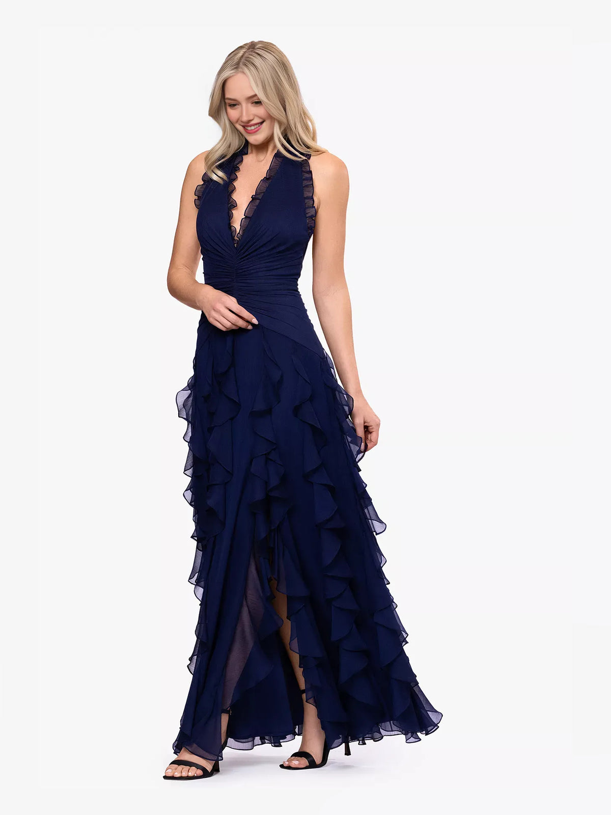 Navy Blue a-line floor-length formal dress with ruching, alternate view