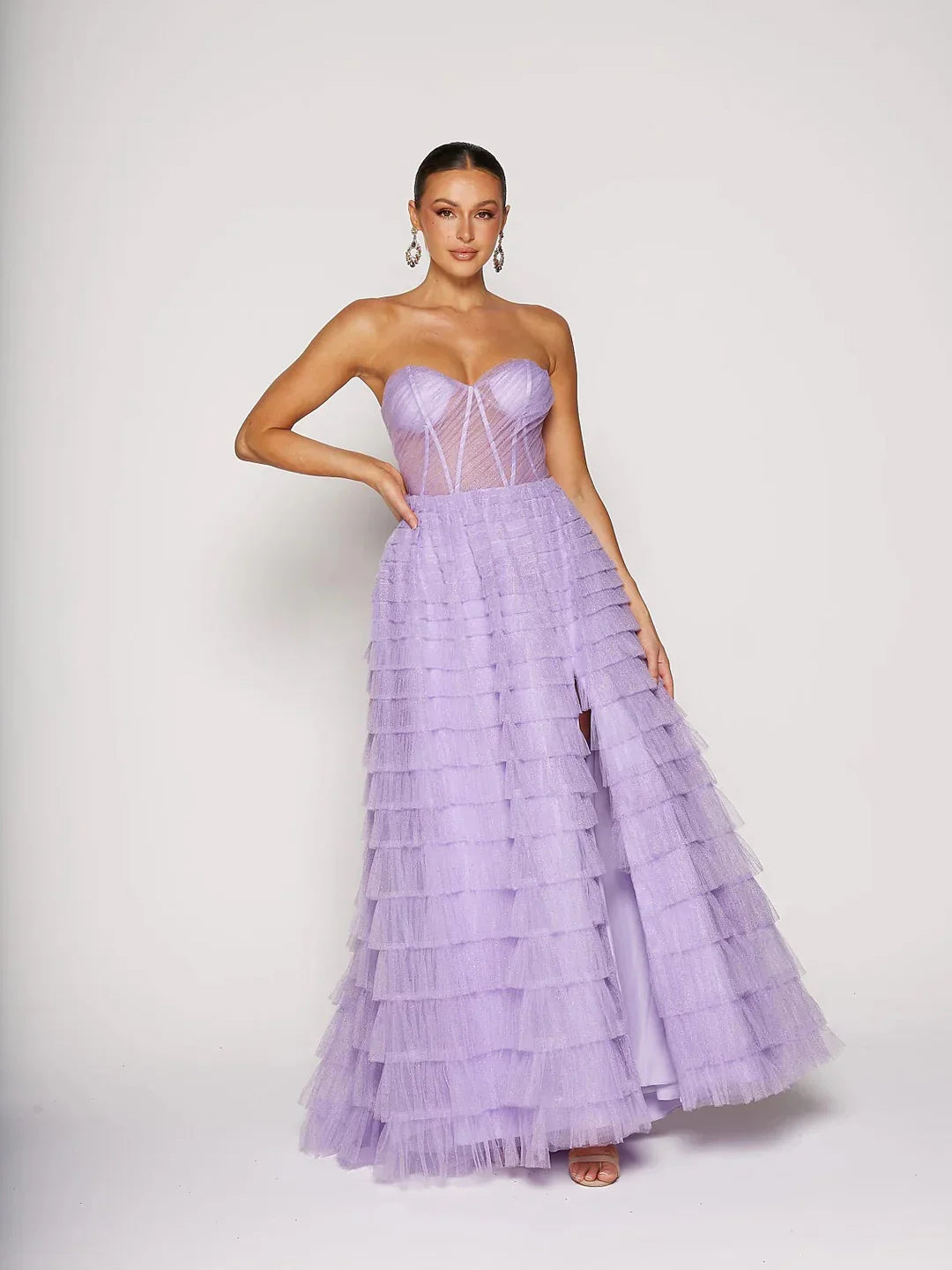 Lilac maxi prom dress, alternate view showing the dress shape and hem