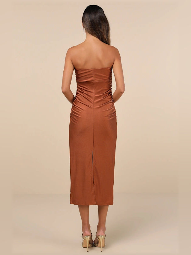 Brown midi formal dress with ruching, alternate view showing the bodice