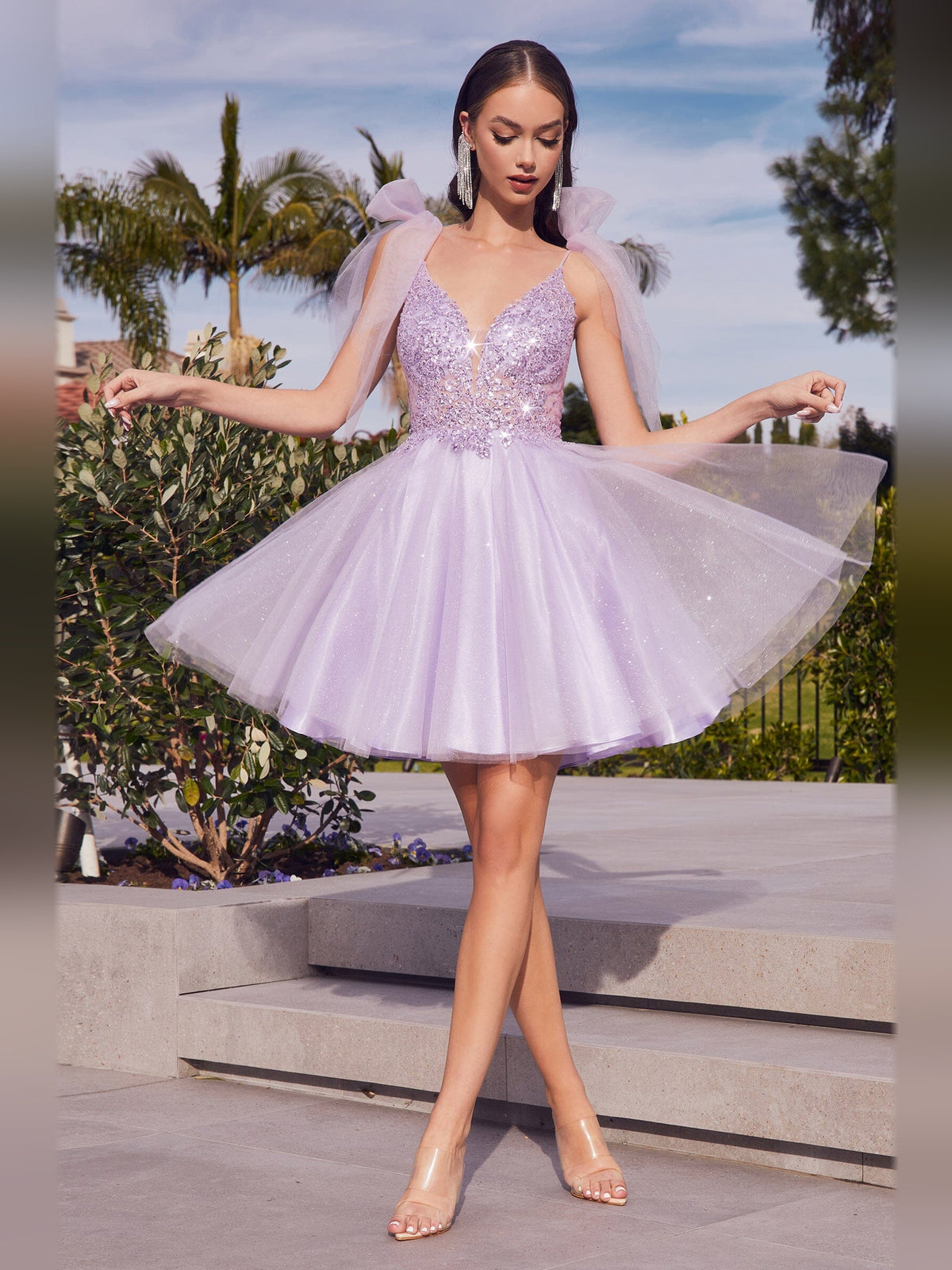Lavender short homecoming dress, alternate view showing the dress shape and hem