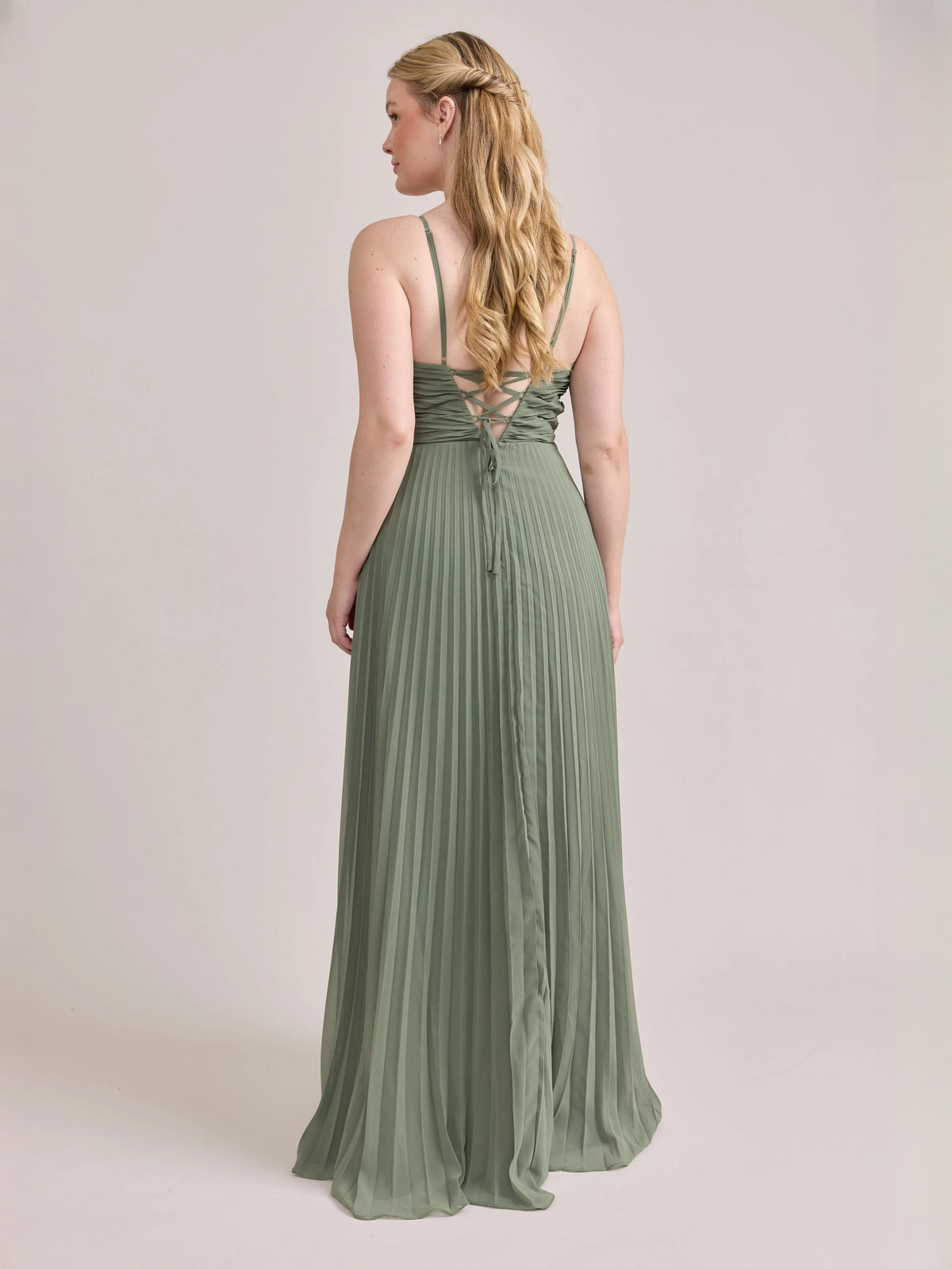 Dusty Sage maxi bridesmaid dress, alternate view showing the dress shape and hem