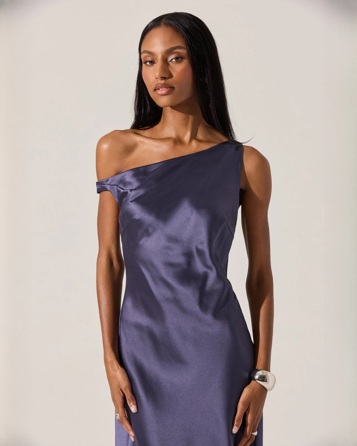 off-shoulder satin a-line midi bridesmaid dress - image 3