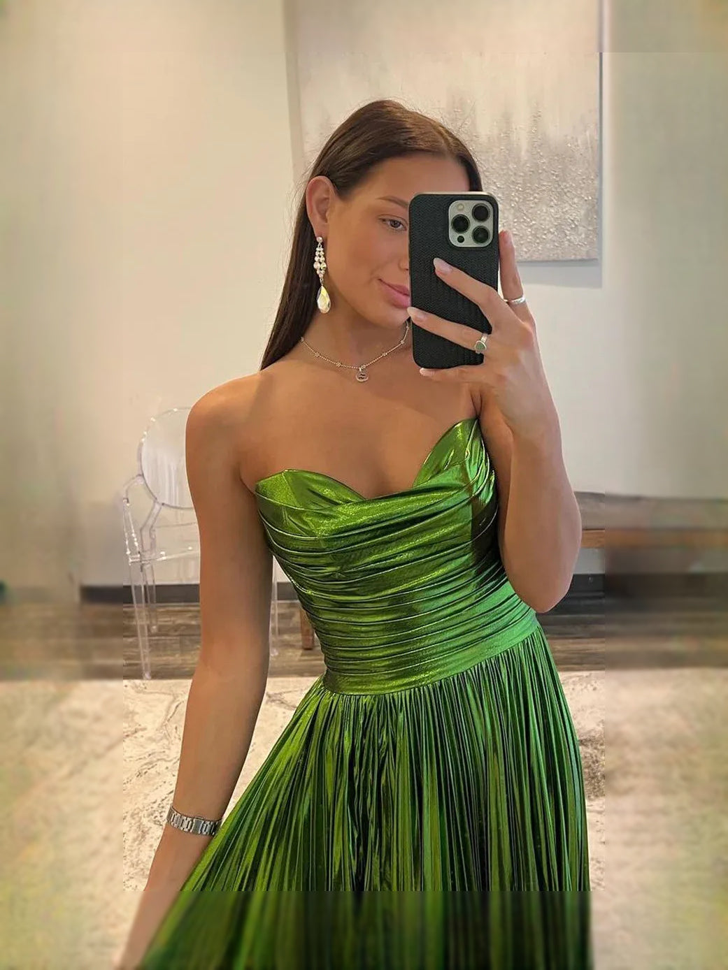 Green floor-length prom dress, alternate view showing the dress shape and hem