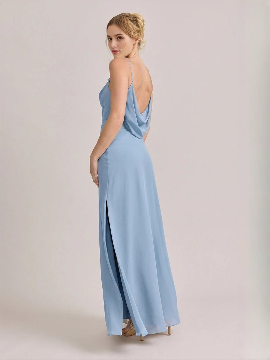 Dusty Blue maxi bridesmaid dress, alternate view showing the dress shape and hem