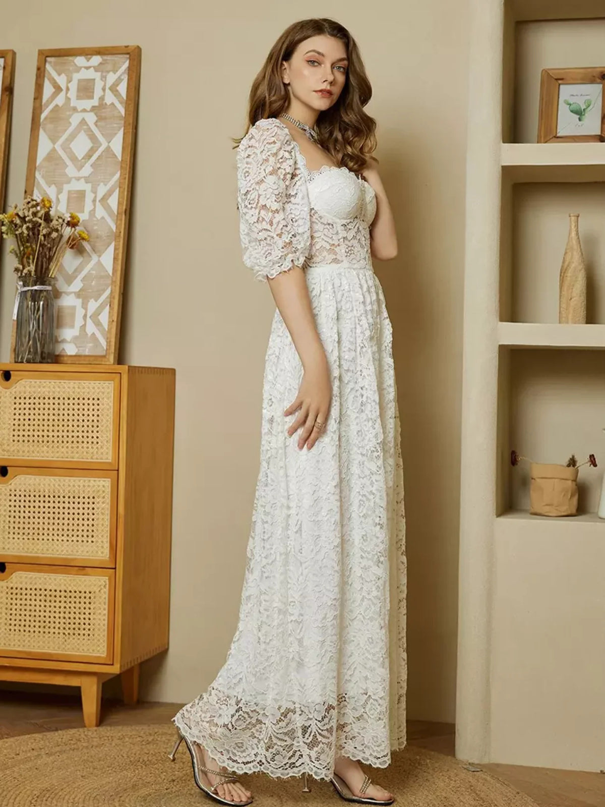 Ivory maxi prom dress, alternate view showing the dress shape and hem