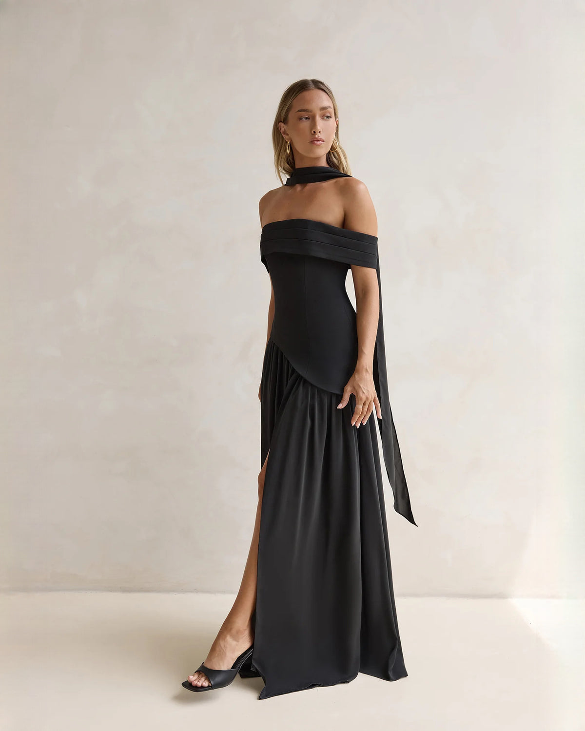 off-shoulder satin a-line maxi bridesmaid dress - image 3