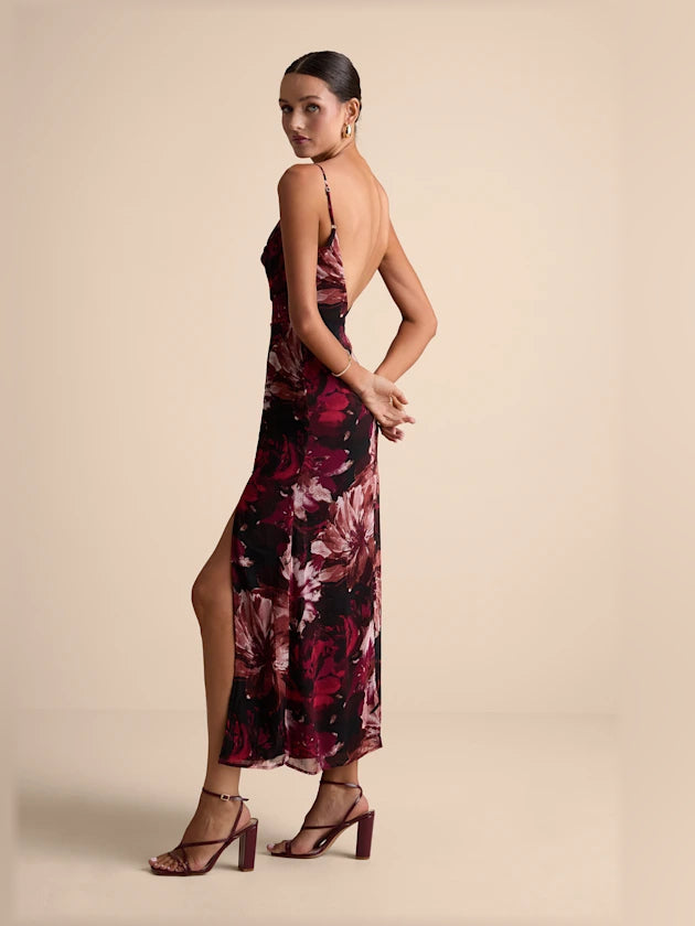 Burgundy Floral midi formal dress with floral print, alternate view showing the bodice