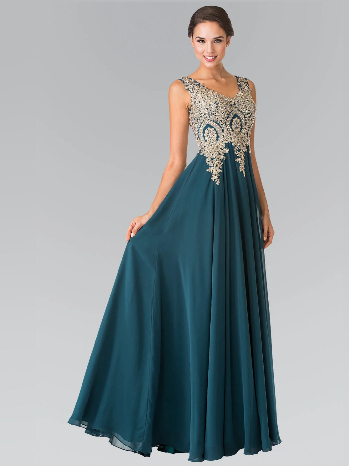 Teal floor-length prom dress, alternate view showing the dress shape and hem