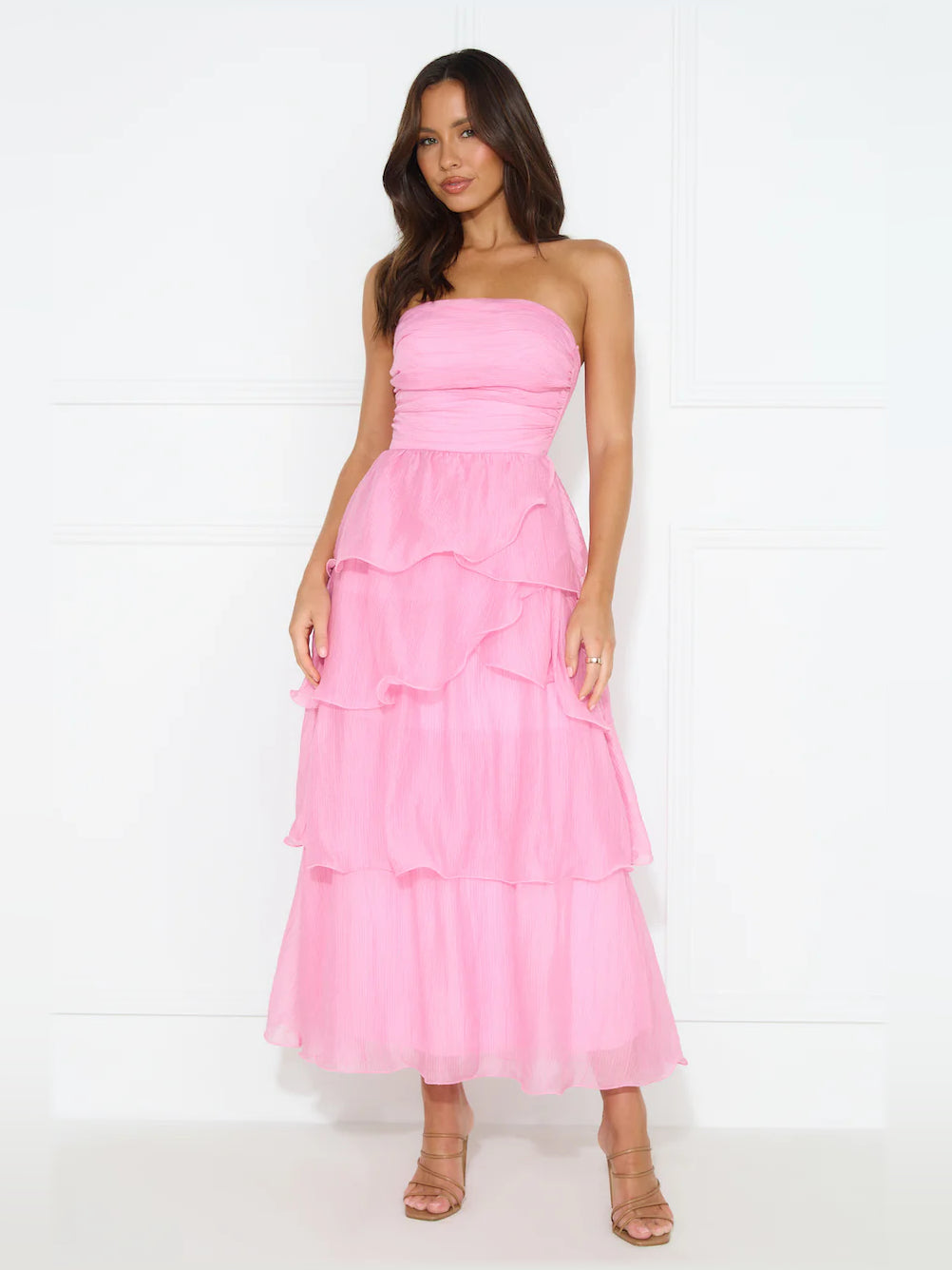 Pink midi formal dress with strapless neckline, alternate view showing the bodice
