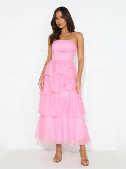 Pink midi formal dress with strapless neckline, alternate view showing the bodice