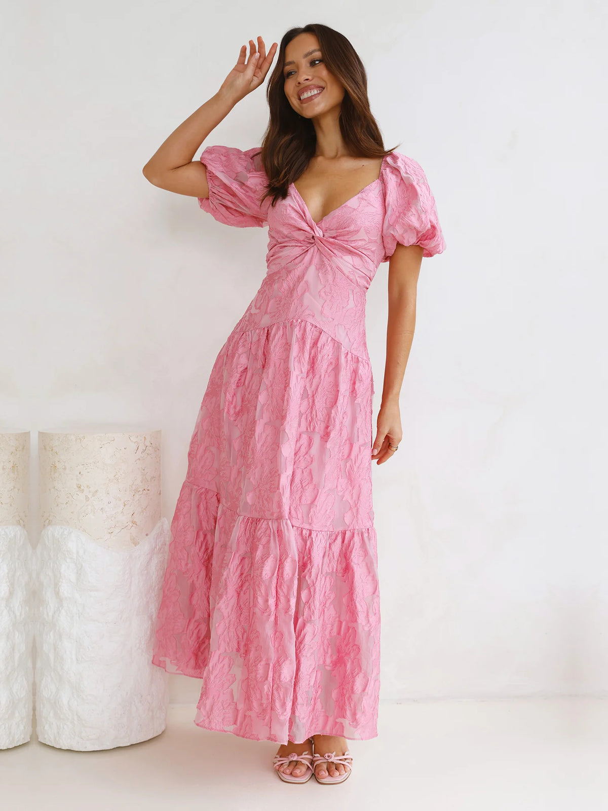 Pink a-line maxi formal dress with tiered skirt, alternate view