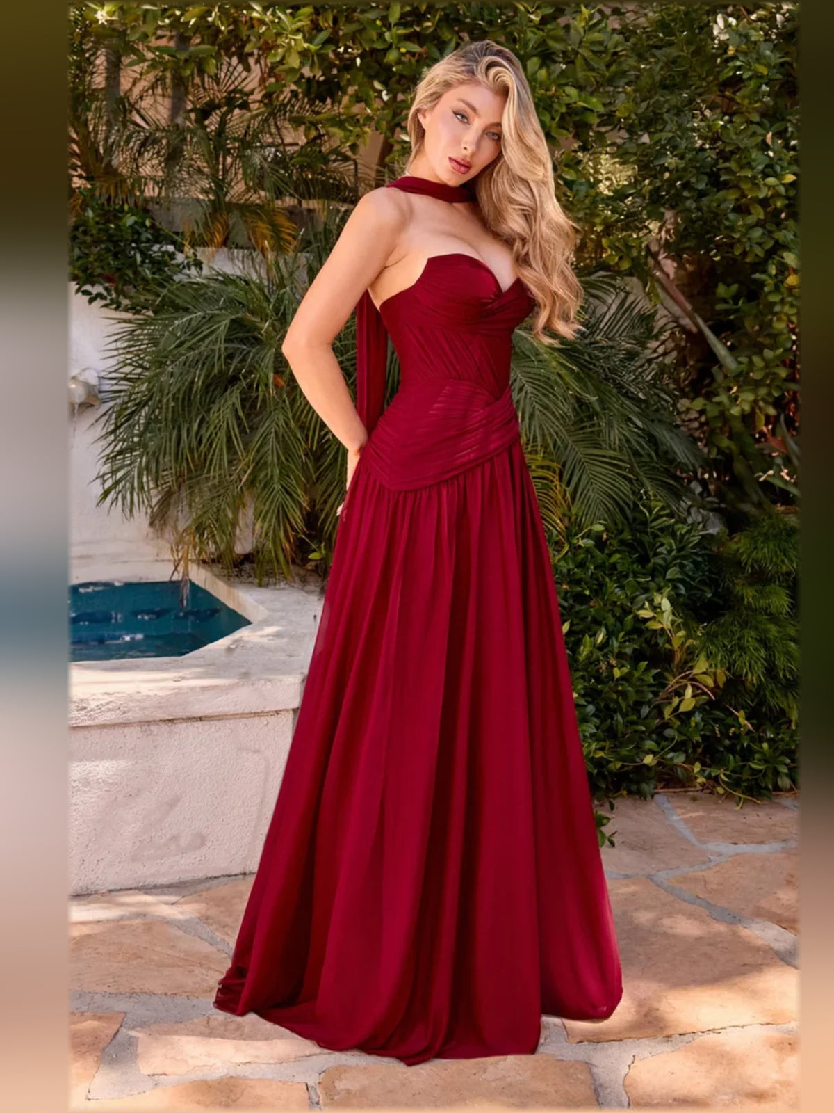 Burgundy a-line floor-length formal dress with ruching, alternate view