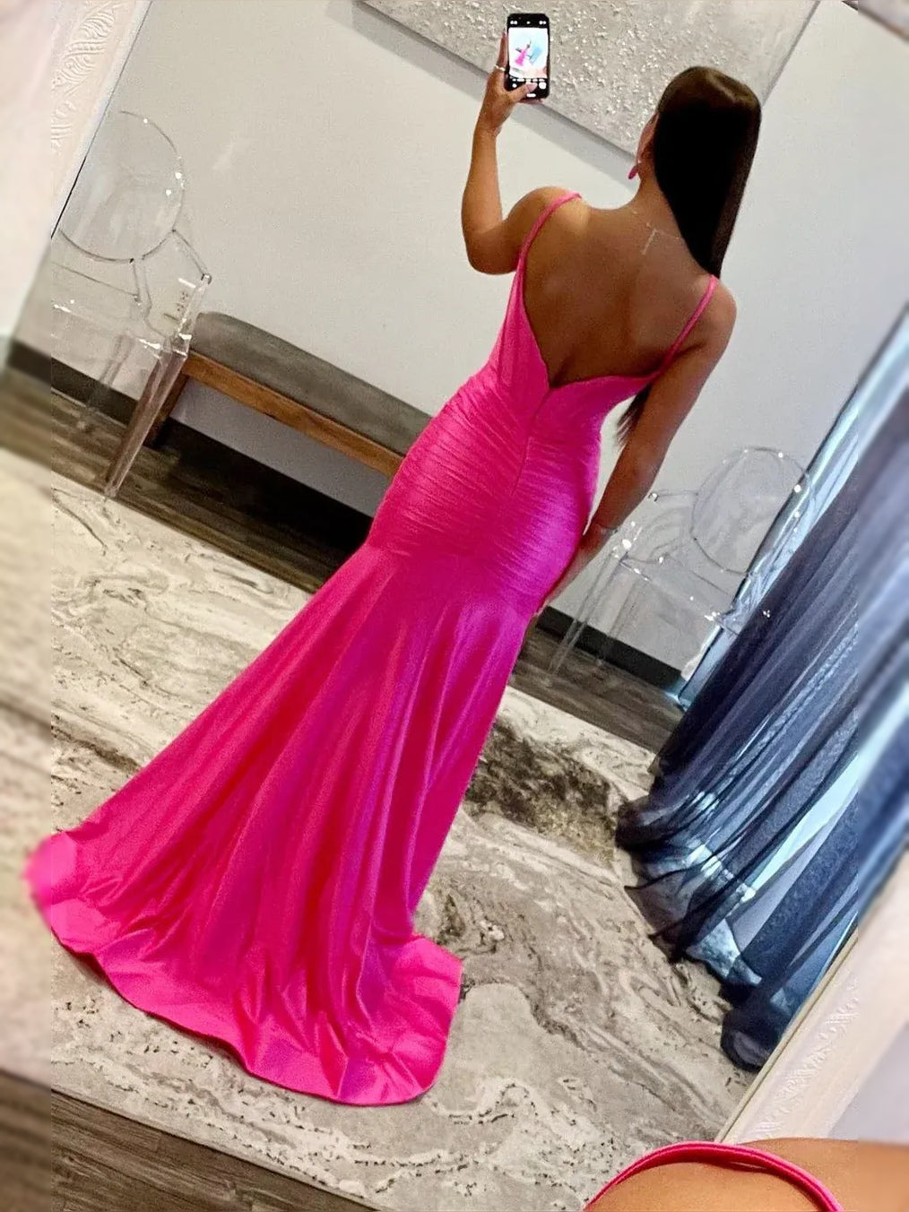 Hot Pink maxi prom dress, back view showing the rear of the dress from another angle