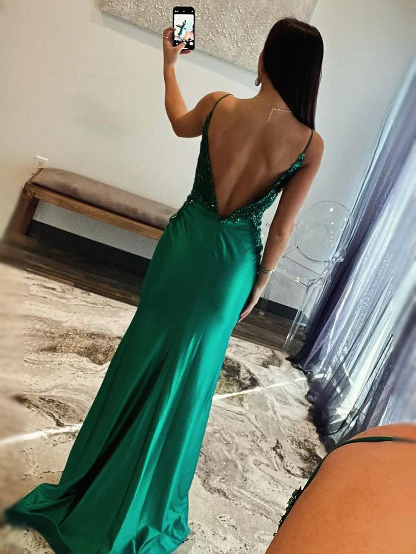 Emerald Green floor-length prom dress, back view showing the rear of the dress from another angle