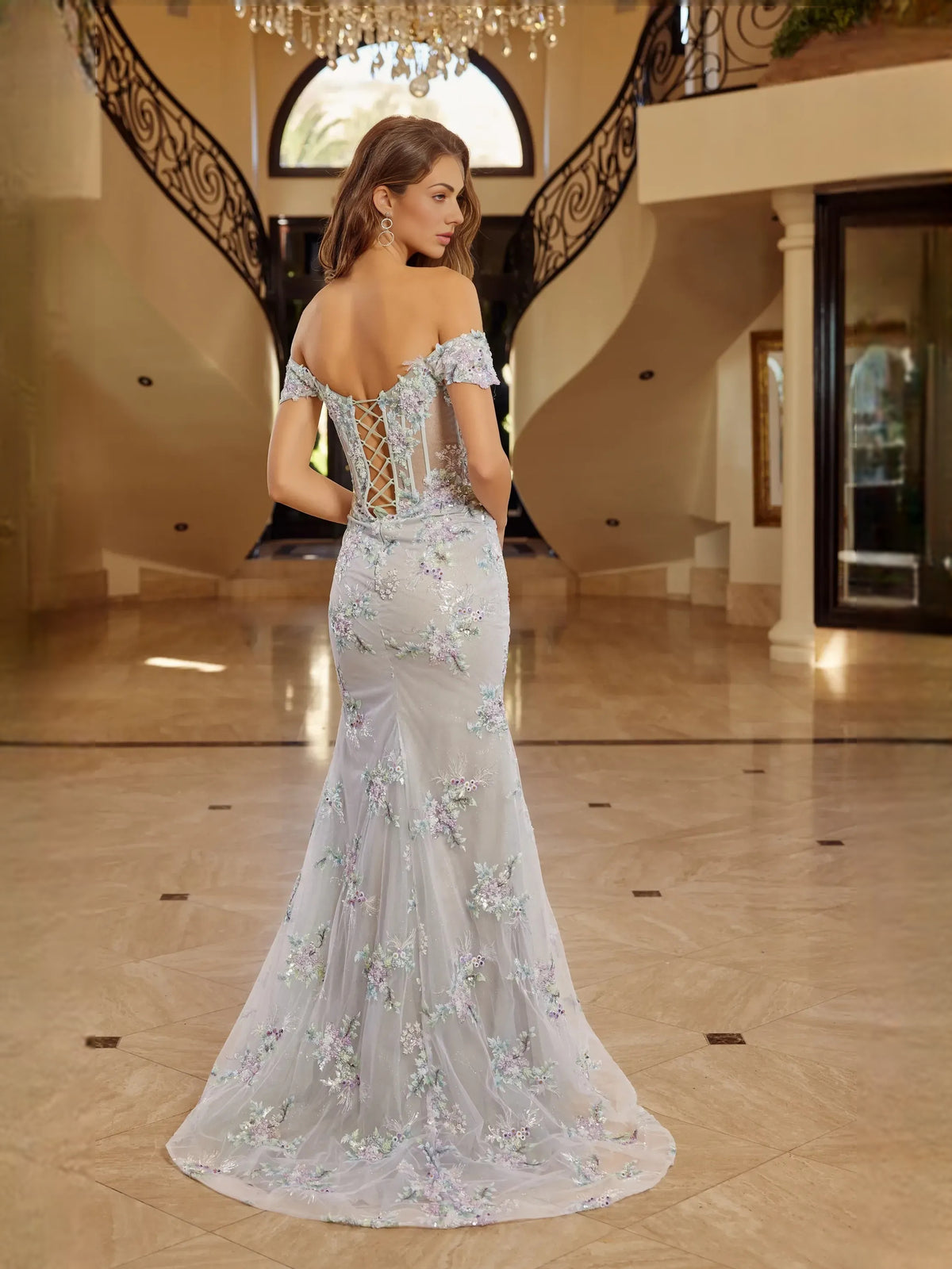 Silver floor-length prom dress, alternate view showing the dress shape and hem