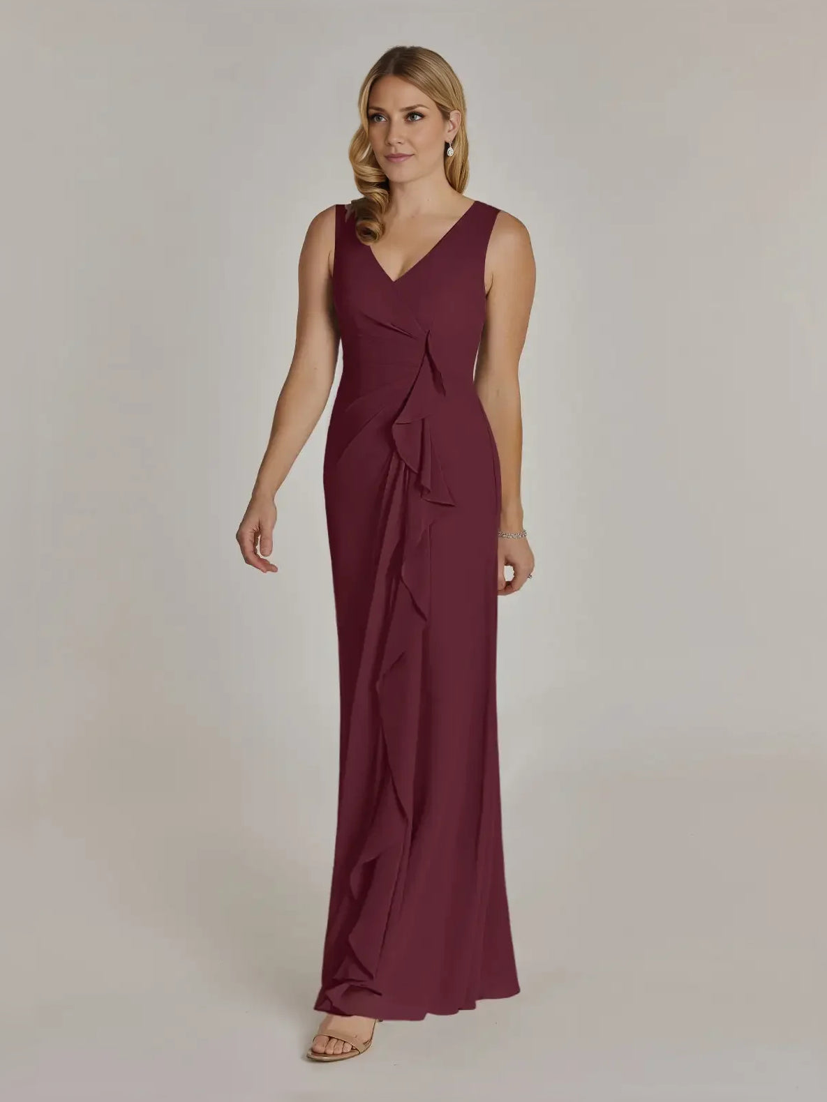 Cabernet maxi mother of the bride dress, alternate view showing the dress shape and hem
