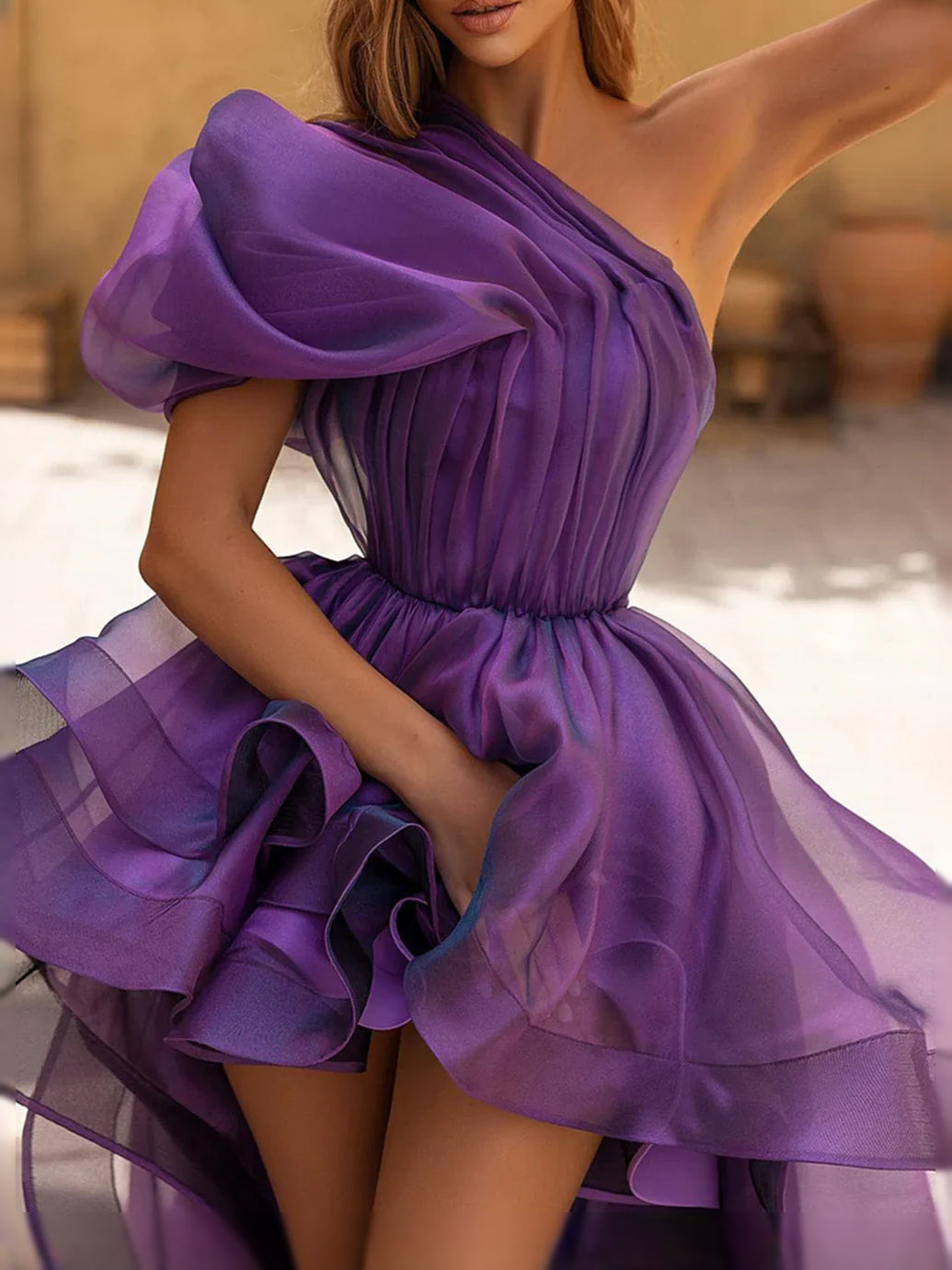 Purple high-low prom dress, alternate view showing the dress shape and hem