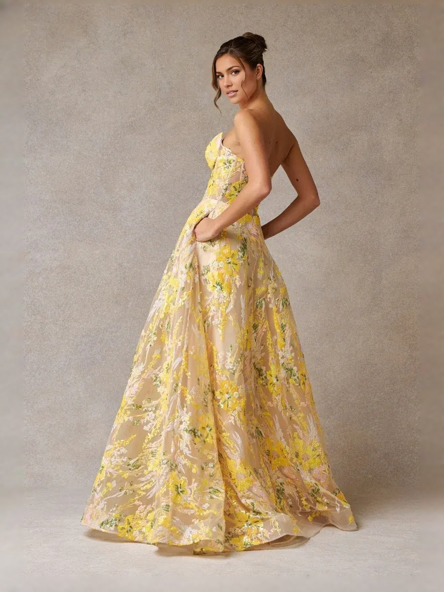 Yellow floor-length prom dress, alternate view showing the dress shape and hem
