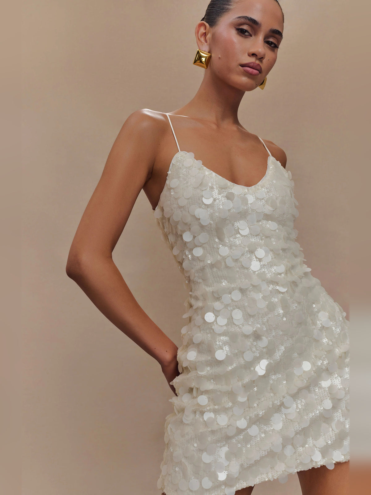 Ivory mini homecoming dress, alternate view showing the dress shape and hem