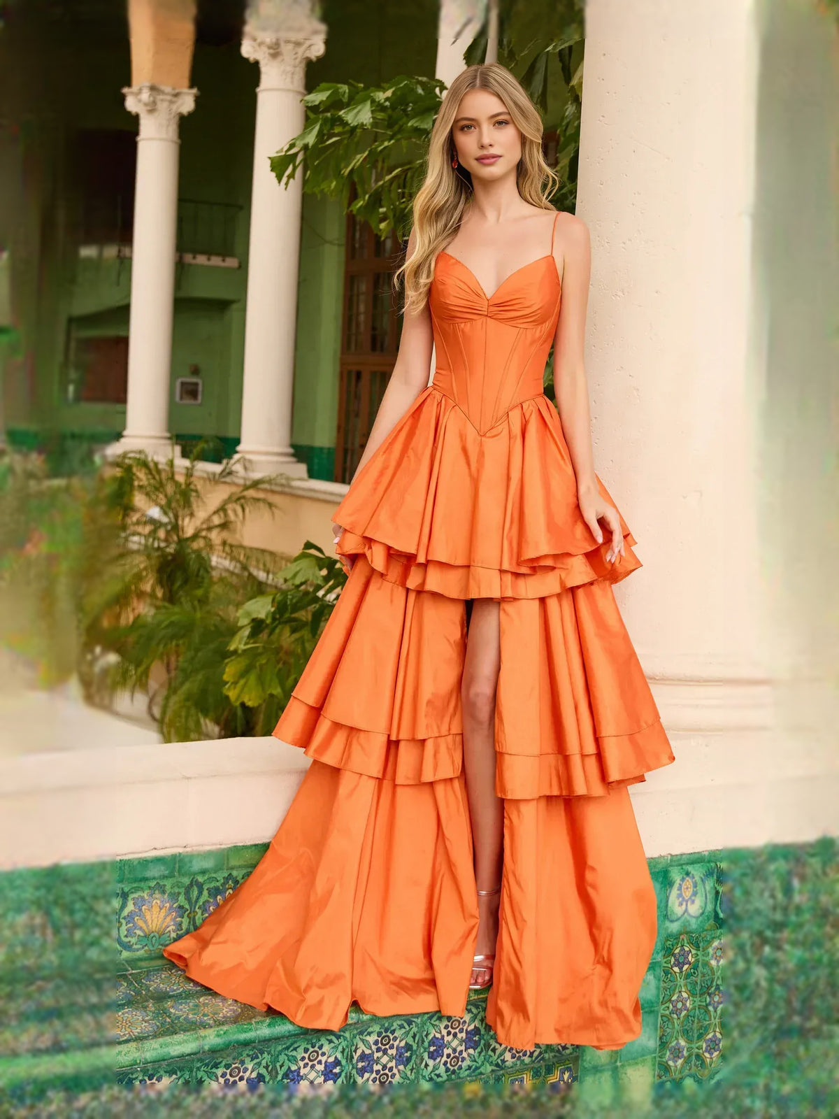 Orange high-low prom dress, alternate view showing the dress shape and hem