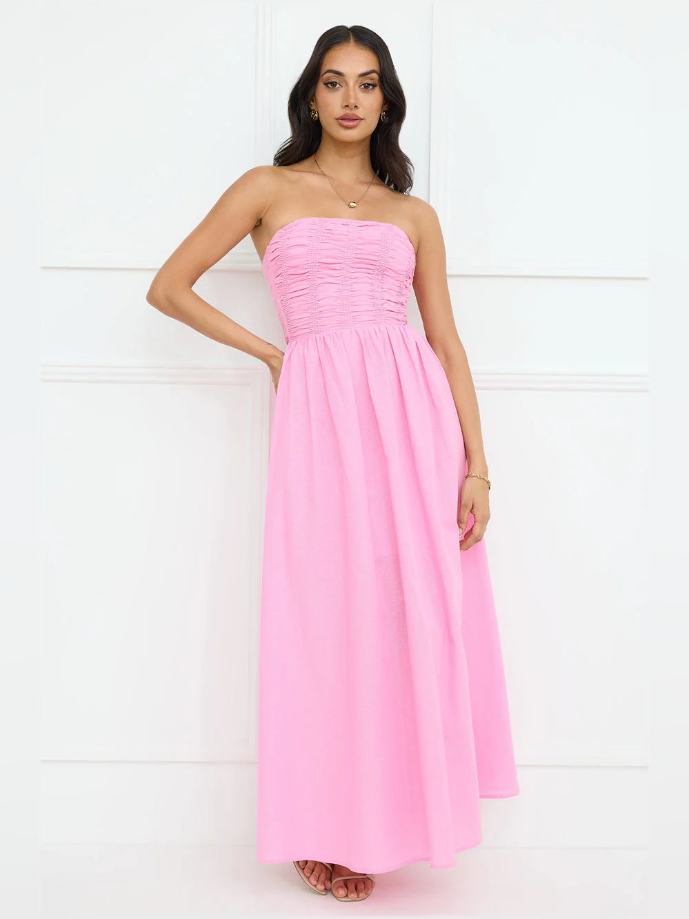 Pink a-line maxi formal dress with strapless neckline, alternate view