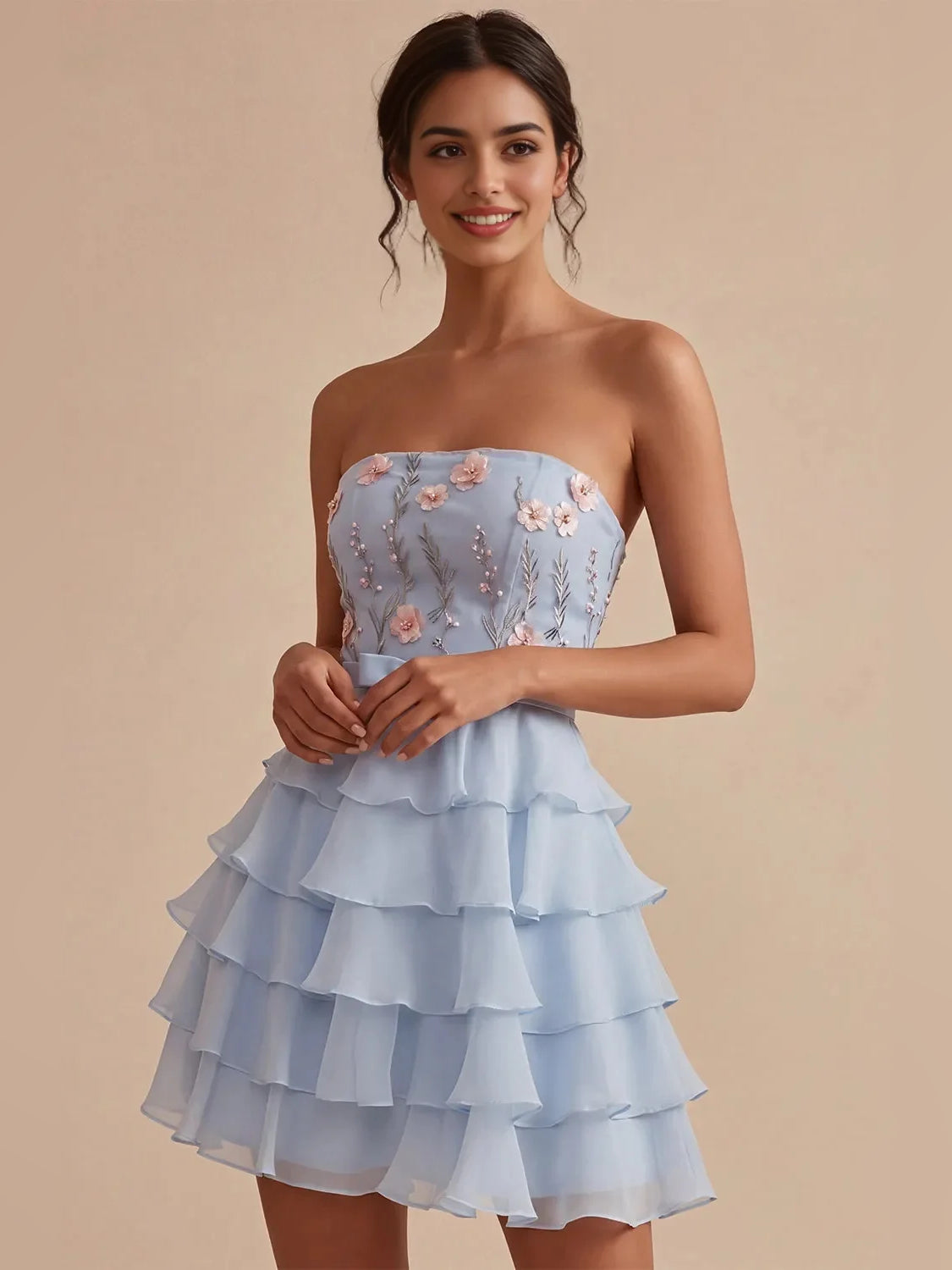 Sky Blue short homecoming dress, alternate view showing the dress shape and hem