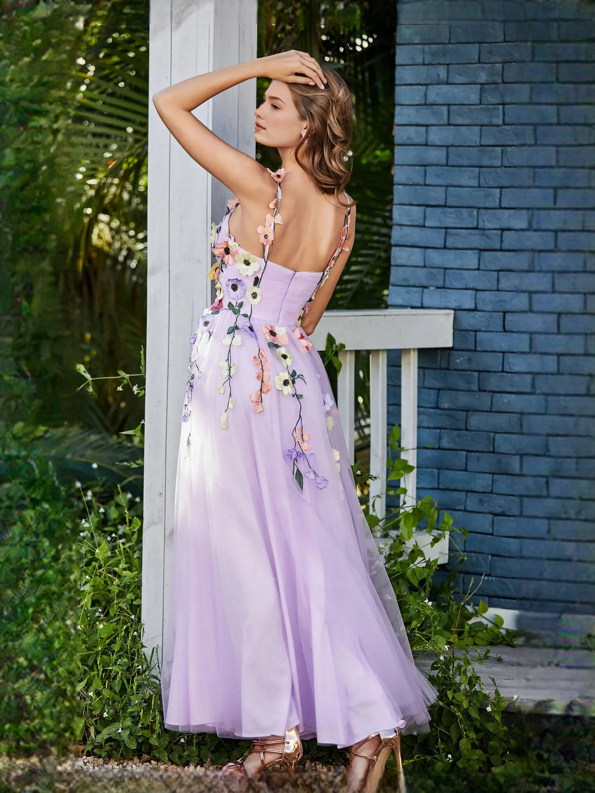 Lilac floor-length prom dress, alternate view showing the dress shape and hem