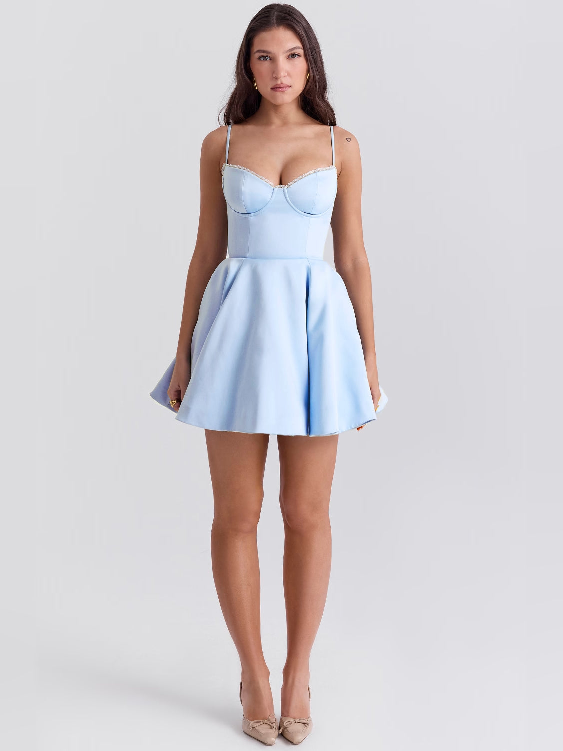 Blue mini homecoming dress, alternate view showing the dress shape and hem