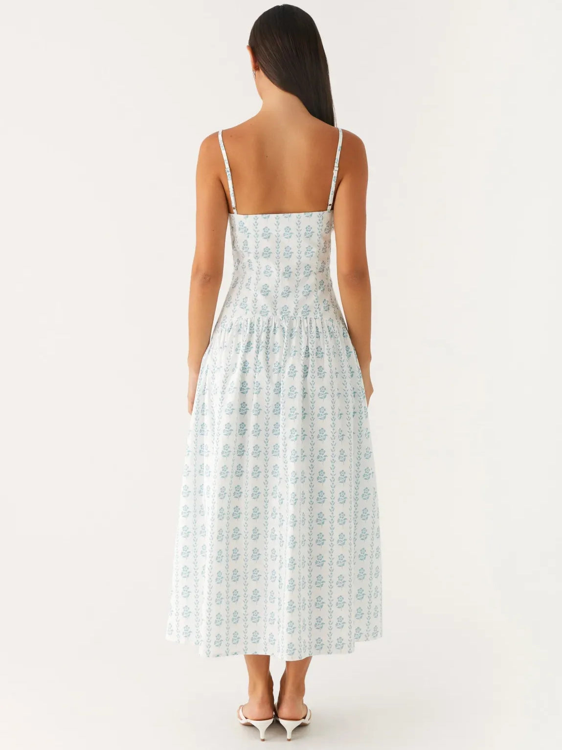 Print a-line midi formal dress with floral print, alternate view showing the bodice