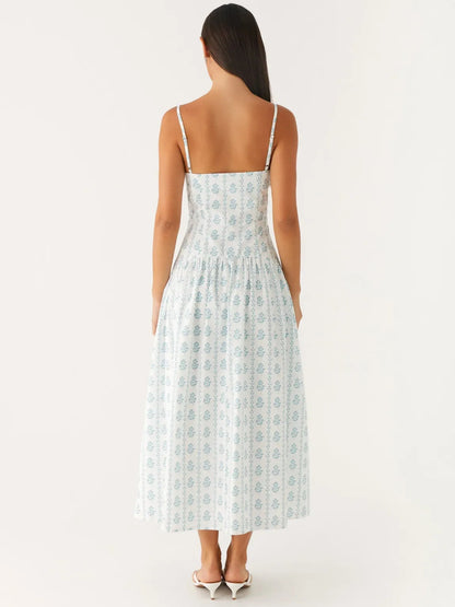 Print a-line midi formal dress with floral print, alternate view showing the bodice