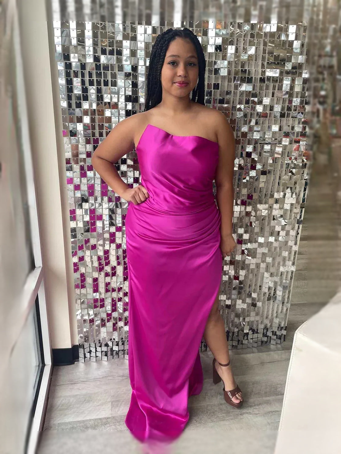 Fuchsia maxi prom dress, back view showing the rear of the dress from another angle