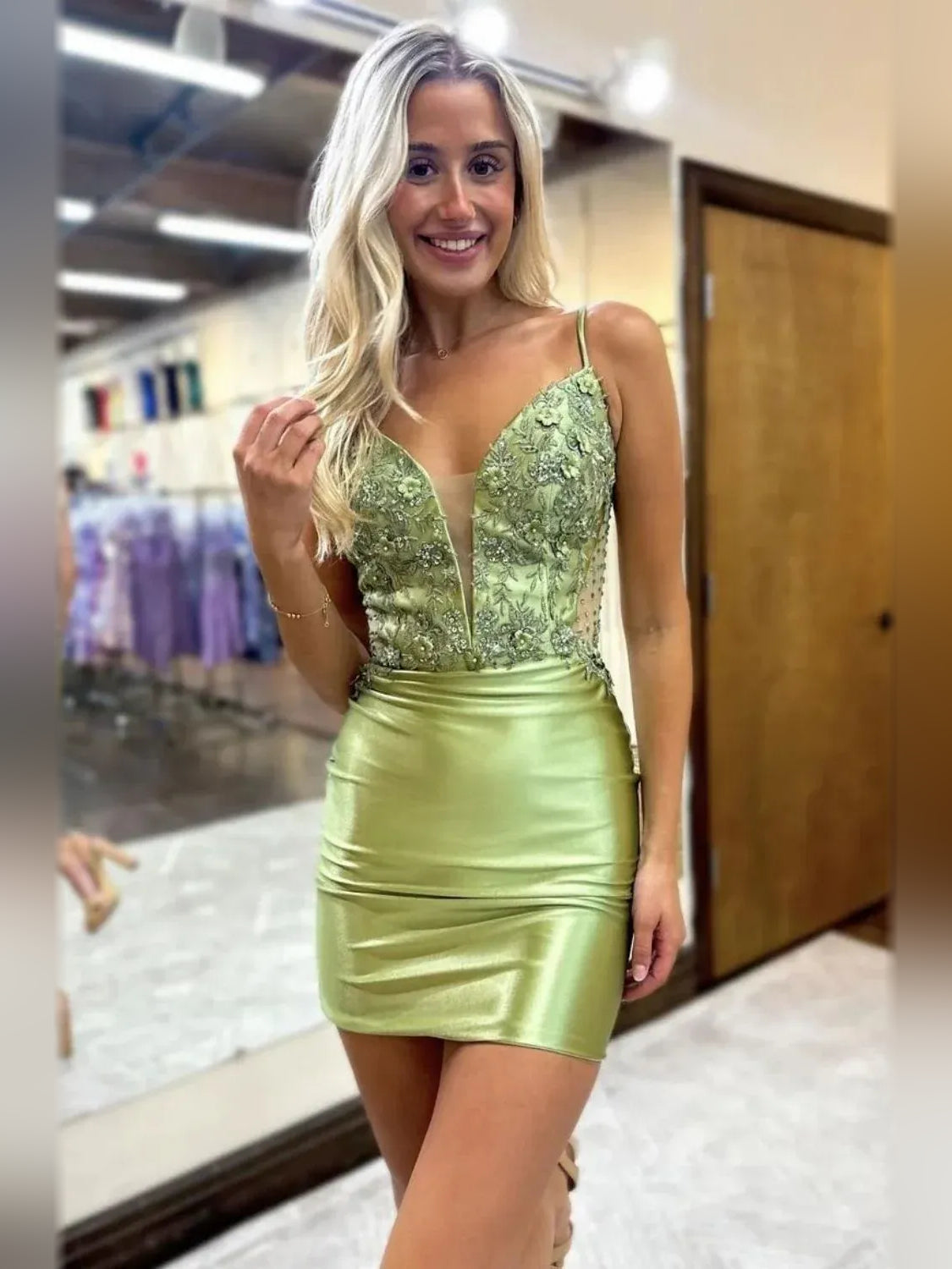Sage Green mini homecoming dress, alternate view showing the dress shape and hem