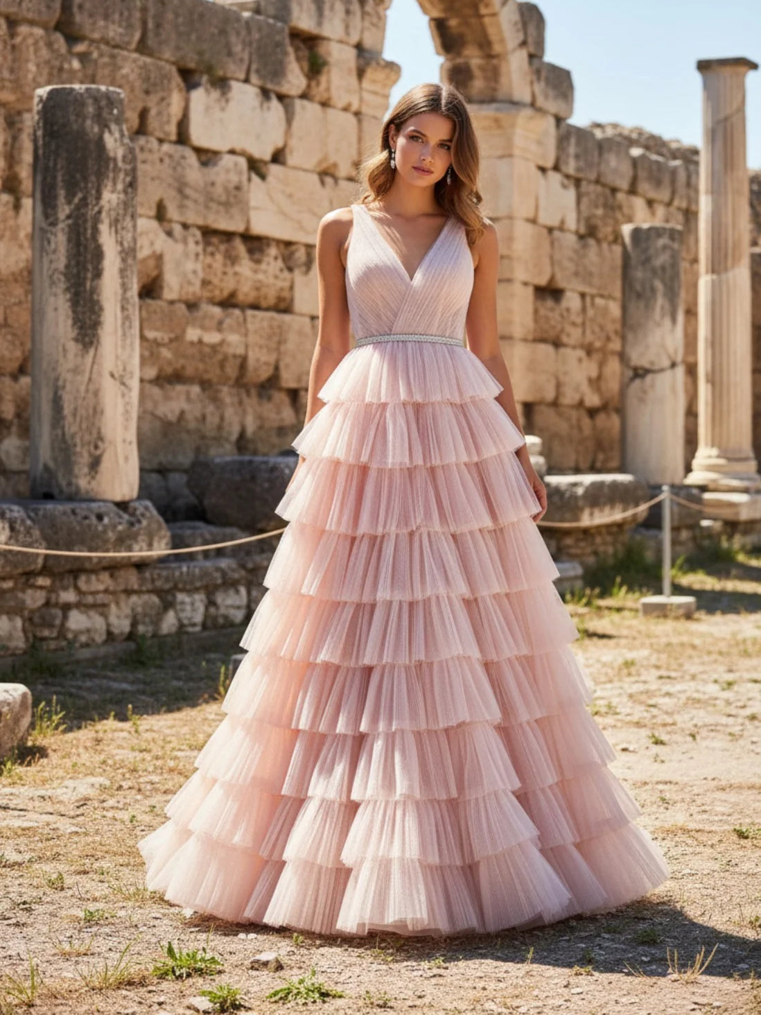 Pink floor-length prom dress, alternate view showing the dress shape and hem