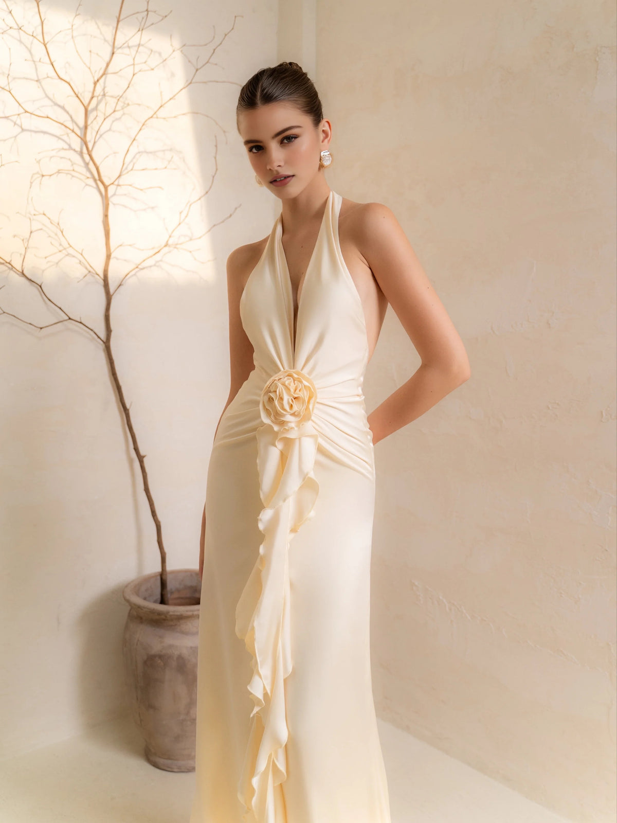 Ivory white maxi prom dress, alternate view showing the dress shape and hem