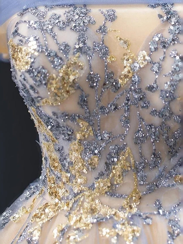 Gold floor-length prom dress, alternate view showing the dress shape and hem
