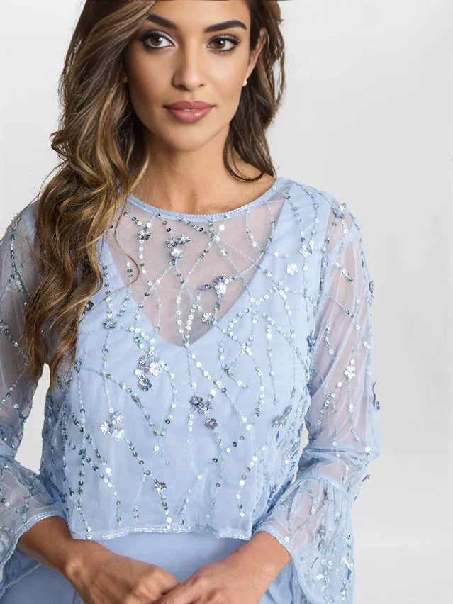 Light Blue knee-length mother of the bride dress, alternate view showing the dress shape and hem