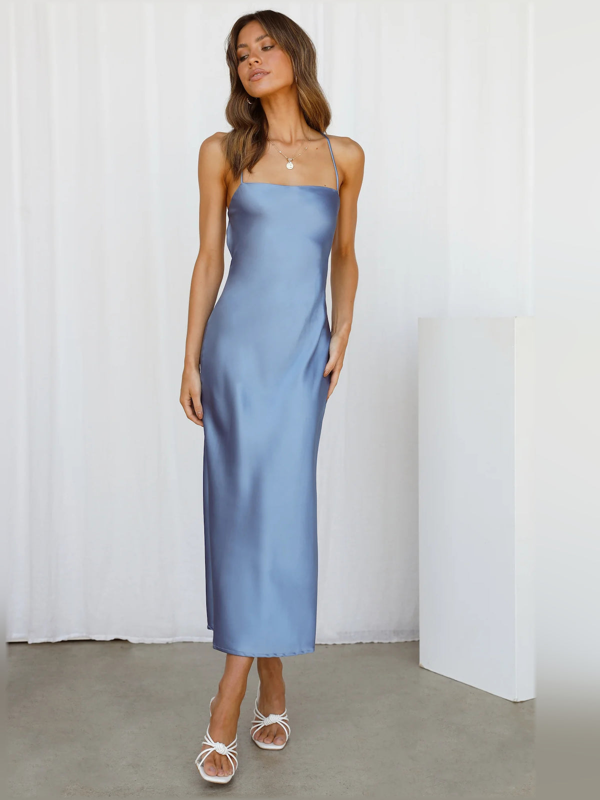 Blue midi formal dress, alternate view showing the bodice