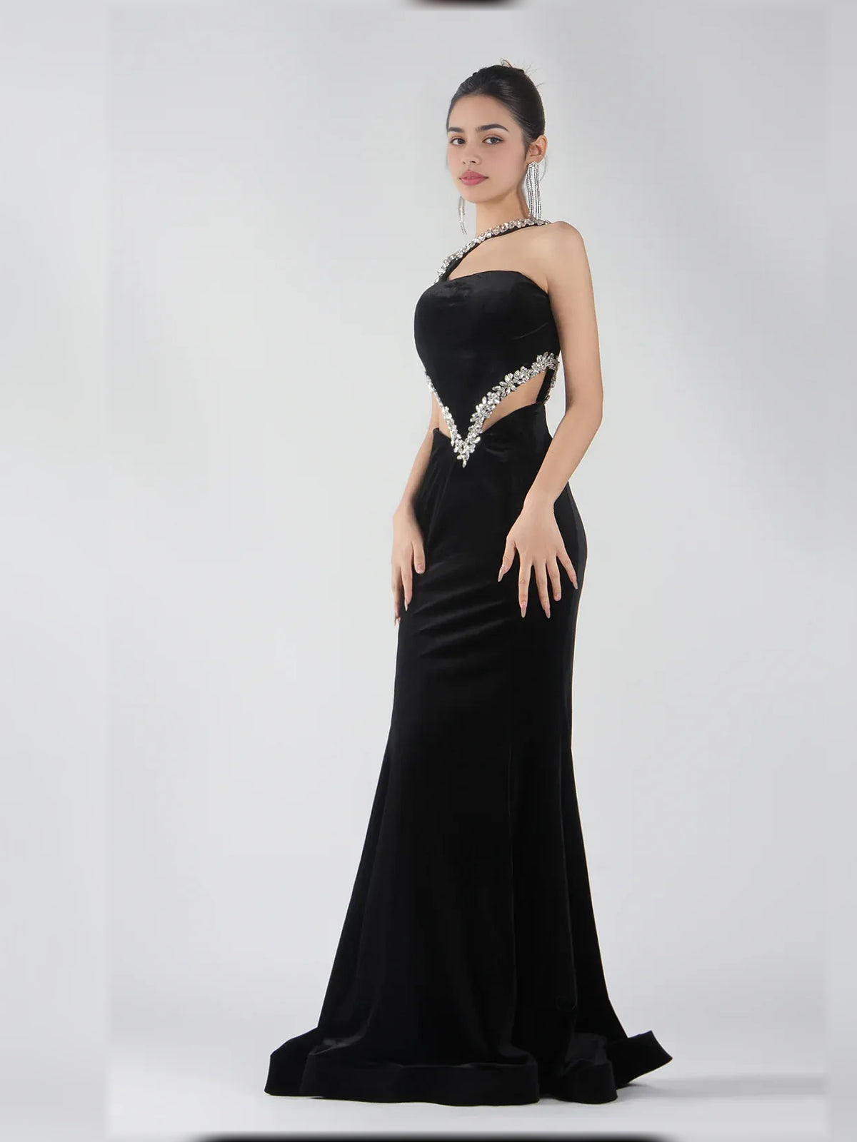 Black mermaid floor-length formal dress with draping, alternate view