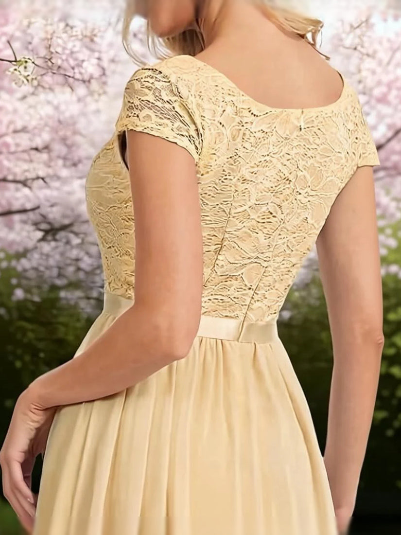 Champagne floor-length prom dress, alternate view showing the dress shape and hem