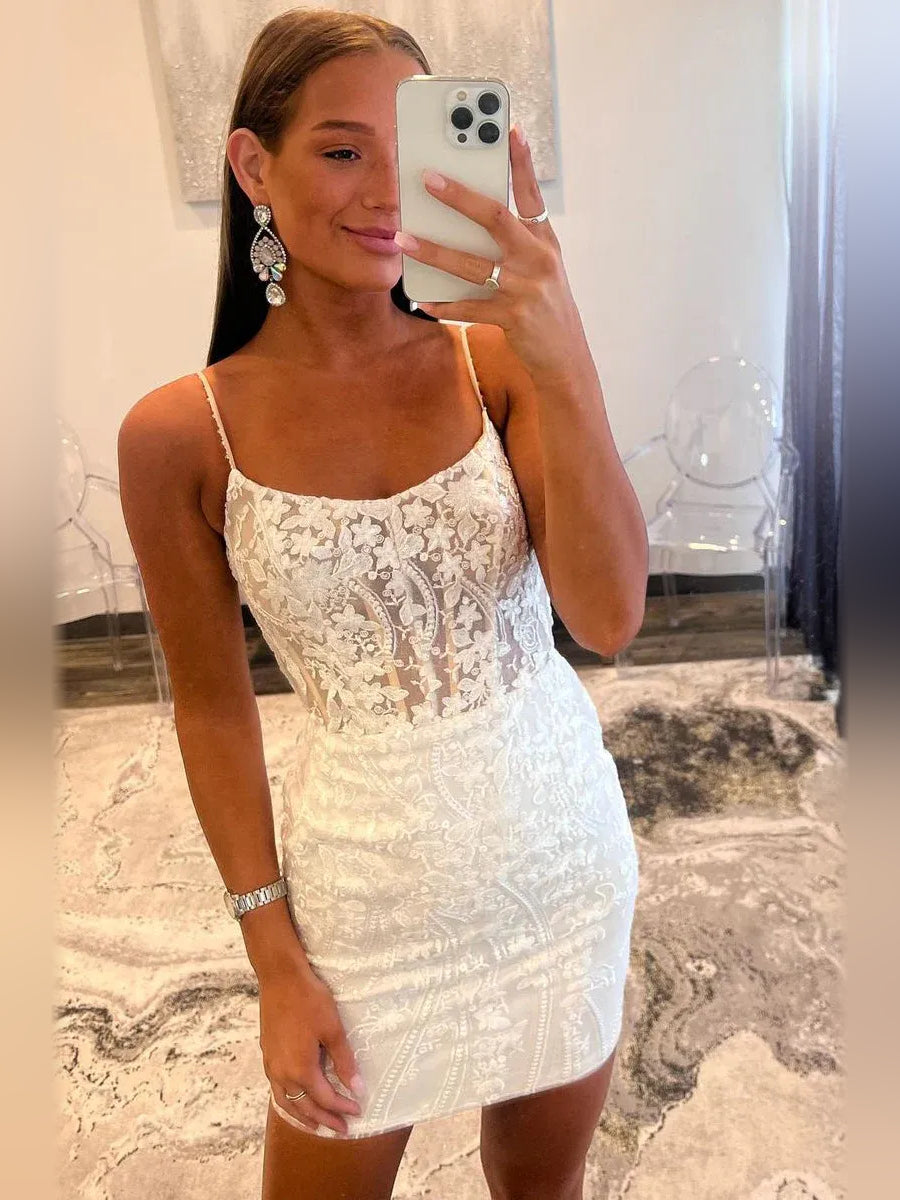 White mini homecoming dress, alternate view showing the dress shape and hem