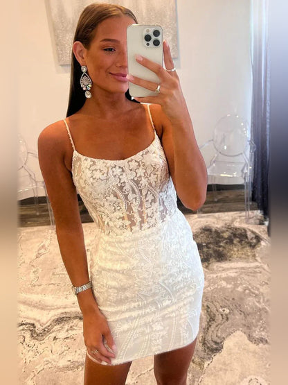 White mini homecoming dress, alternate view showing the dress shape and hem